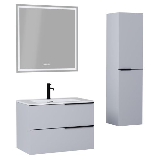 HD Cremona Fume Grey 60 komplett fürdőszoba bútor szett fali mosdószekrénnyel, matt fekete fogantyúkkal, fényes fehér slim mosdóval, tükörrel és magasszekrénnyel
