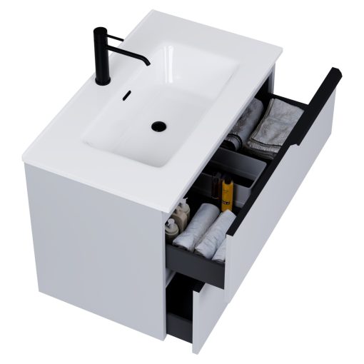 HD Cremona Fume Grey 60 komplett fürdőszoba bútor szett fali mosdószekrénnyel, matt fekete fogantyúkkal, fényes fehér slim mosdóval, tükörrel és magasszekrénnyel