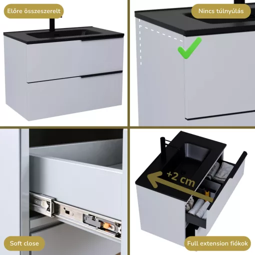 HD Cremona Fume Grey 60 fali mosdószekrény matt fekete fogantyúkkal és matt fekete slim mosdóval