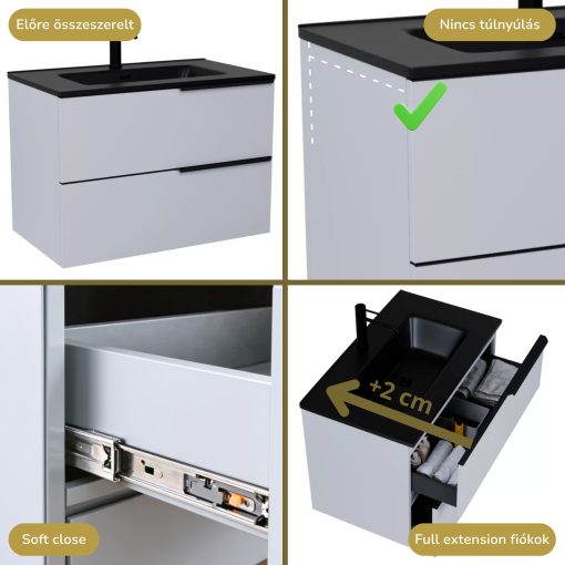 HD Cremona Fume Grey 60 komplett fürdőszoba bútor fali mosdószekrénnyel, matt fekete fogantyúkkal, matt fekete slim mosdóval és tükörrel