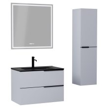 HD Cremona Fume Grey 60 komplett fürdőszoba bútor szett fali mosdószekrénnyel, matt fekete fogantyúkkal, matt fekete slim mosdóval, tükörrel és magasszekrénnyel