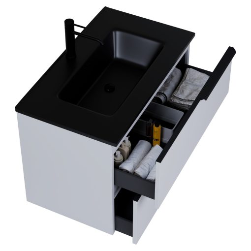 HD Cremona Fume Grey 60 komplett fürdőszoba bútor szett fali mosdószekrénnyel, matt fekete fogantyúkkal, matt fekete slim mosdóval, tükörrel és magasszekrénnyel