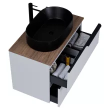 HD Carona Fume Grey 60 fali mosdószekrény tölgyfa színű mosdópulttal és matt fekete fogantyúkkal