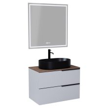 HD Carona Fume Grey 60 komplett fürdőszoba bútor fali mosdószekrénnyel, matt fekete fogantyúkkal, tölgyfa színű mosdópulttal és tükörrel