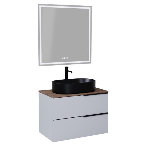 HD Carona Fume Grey 60 komplett fürdőszoba bútor fali mosdószekrénnyel, matt fekete fogantyúkkal, tölgyfa színű mosdópulttal és tükörrel