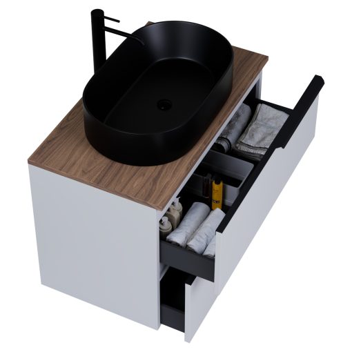 HD Carona Fume Grey 60 komplett fürdőszoba bútor fali mosdószekrénnyel, matt fekete fogantyúkkal, tölgyfa színű mosdópulttal és tükörrel