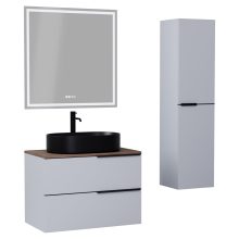 HD Carona Fume Grey 60 komplett fürdőszoba bútor szett fali mosdószekrénnyel, matt fekete fogantyúkkal, tölgyfa színű mosdópulttal, tükörrel és magasszekrénnyel