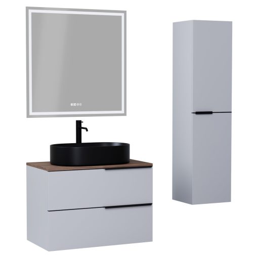 HD Carona Fume Grey 60 komplett fürdőszoba bútor szett fali mosdószekrénnyel, matt fekete fogantyúkkal, tölgyfa színű mosdópulttal, tükörrel és magasszekrénnyel