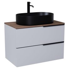 HD Carona Fume Grey 60 komplett fürdőszoba bútor szett fali mosdószekrénnyel, matt fekete fogantyúkkal, tölgyfa színű mosdópulttal, tükörrel és magasszekrénnyel