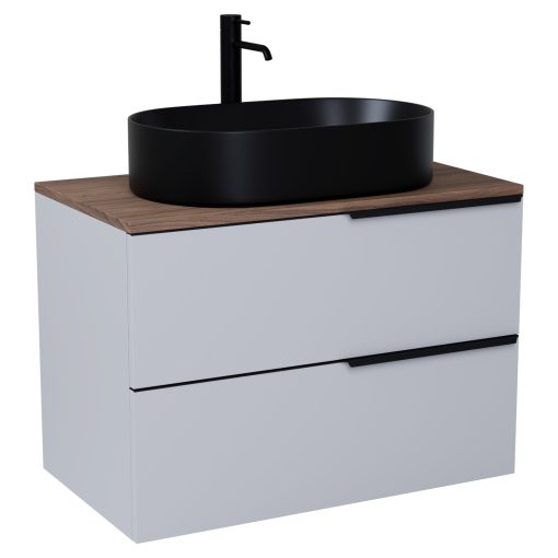 HD Carona Fume Grey 60 komplett fürdőszoba bútor szett fali mosdószekrénnyel, matt fekete fogantyúkkal, tölgyfa színű mosdópulttal, tükörrel és magasszekrénnyel