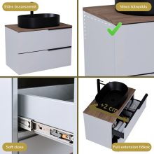 HD Carona Fume Grey 60 komplett fürdőszoba bútor szett fali mosdószekrénnyel, matt fekete fogantyúkkal, tölgyfa színű mosdópulttal, tükörrel és magasszekrénnyel