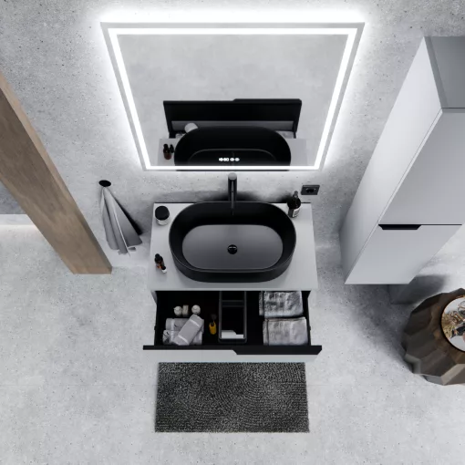 HD Carona Fume Grey 60/80 fali mosdószekrény füst szürke mosdópulttal és matt fekete fogantyúkkal