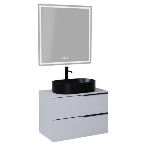 HD Carona Fume Grey 60/80 komplett fürdőszoba bútor fali mosdószekrénnyel, matt fekete fogantyúkkal, szürke mosdópulttal és tükörrel