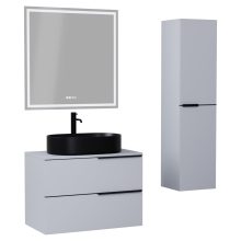 HD Carona Fume Grey 60/80 komplett fürdőszoba bútor szett fali mosdószekrénnyel, matt fekete fogantyúkkal, szürke mosdópulttal, tükörrel és magasszekrénnyel