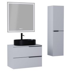   HD Carona Fume Grey 60/80 komplett fürdőszoba bútor szett fali mosdószekrénnyel, matt fekete fogantyúkkal, szürke mosdópulttal, tükörrel és magasszekrénnyel