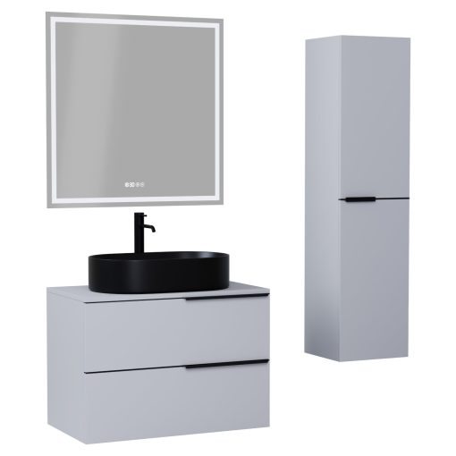 HD Carona Fume Grey 60/80 komplett fürdőszoba bútor szett fali mosdószekrénnyel, matt fekete fogantyúkkal, szürke mosdópulttal, tükörrel és magasszekrénnyel