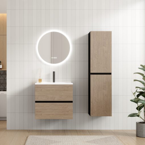 HD Aria Pro Black-Oak 60 fali mosdószekrény, push-to-open mechanizmussal, fényes fehér slim mosdóval