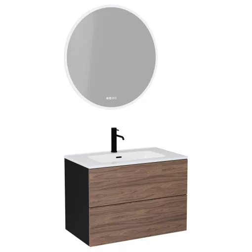 HD Aria Pro Black-Oak 60 komplett fürdőszoba bútor fali push-to-open mosdószekrénnyel, fényes fehér slim mosdóval és tükörrel