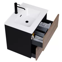 HD Aria Pro Black-Oak 60 komplett fürdőszoba bútor fali push-to-open mosdószekrénnyel, fényes fehér slim mosdóval és tükörrel