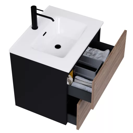 HD Aria Pro Black-Oak 60 komplett fürdőszoba bútor fali push-to-open mosdószekrénnyel, fényes fehér slim mosdóval és tükörrel