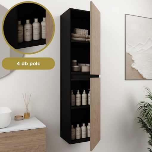 HD Aria Pro Black-Oak 60 komplett fürdőszoba bútor szett fali push-to-open mosdószekrénnyel, fényes fehér slim mosdóval, tükörrel és magasszekrénnyel