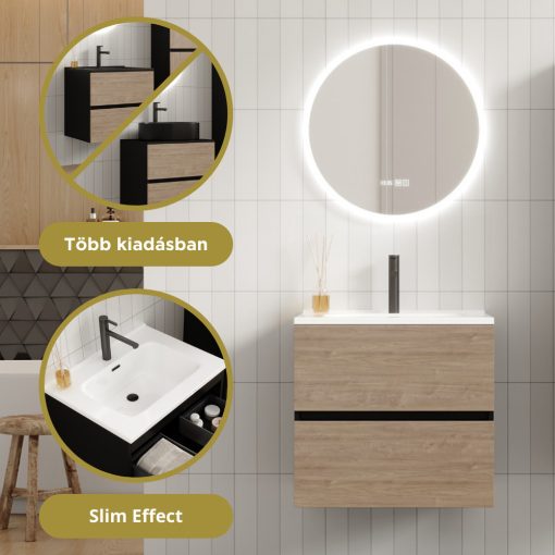 HD Aria Black-Oak 60 komplett fürdőszoba bútor szett fali mosdószekrénnyel, fényes fehér slim mosdóval, tükörrel és magasszekrénnyel