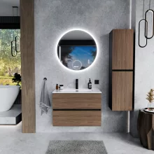 HD Aria Black-Oak 60 komplett fürdőszoba bútor szett fali mosdószekrénnyel, fényes fehér slim mosdóval, tükörrel és magasszekrénnyel