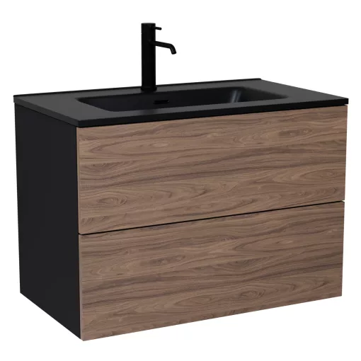 HD Aria Pro Black-Oak 60 fali mosdószekrény, push-to-open mechanizmussal, matt fekete slim mosdóval