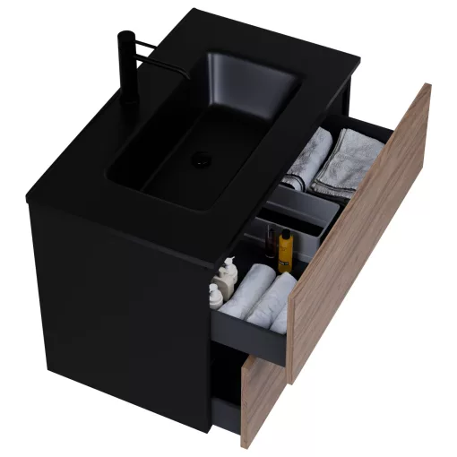 HD Aria Pro Black-Oak 60 fali mosdószekrény, push-to-open mechanizmussal, matt fekete slim mosdóval