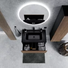 HD Aria Pro Black-Oak 60 fali mosdószekrény, push-to-open mechanizmussal, matt fekete slim mosdóval