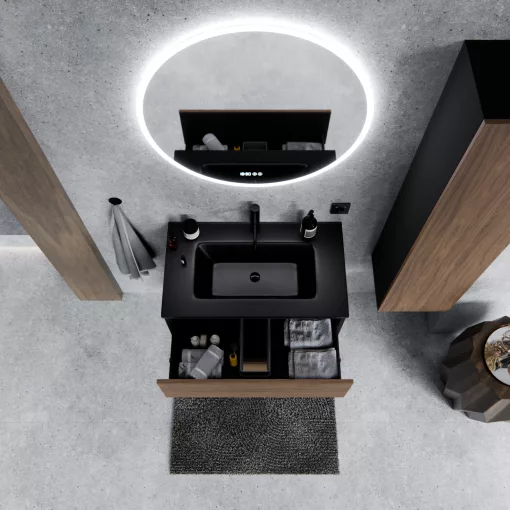 HD Aria Pro Black-Oak 60 fali mosdószekrény, push-to-open mechanizmussal, matt fekete slim mosdóval