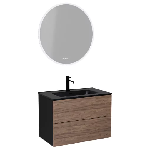 HD Aria Pro Black-Oak 60 komplett fürdőszoba bútor fali push-to-open mosdószekrénnyel, matt fekete slim mosdóval és tükörrel