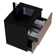 HD Aria Pro Black-Oak 60 komplett fürdőszoba bútor fali push-to-open mosdószekrénnyel, matt fekete slim mosdóval és tükörrel