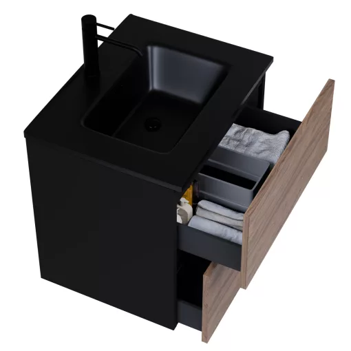 HD Aria Pro Black-Oak 60 komplett fürdőszoba bútor fali push-to-open mosdószekrénnyel, matt fekete slim mosdóval és tükörrel