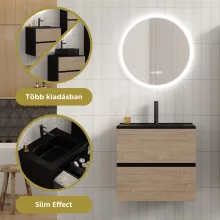 HD Aria Pro Black-Oak 60 komplett fürdőszoba bútor fali push-to-open mosdószekrénnyel, matt fekete slim mosdóval és tükörrel