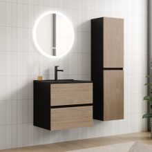 HD Aria Black-Oak 60 komplett fürdőszoba bútor fali mosdószekrénnyel, matt fekete slim mosdóval és tükörrel