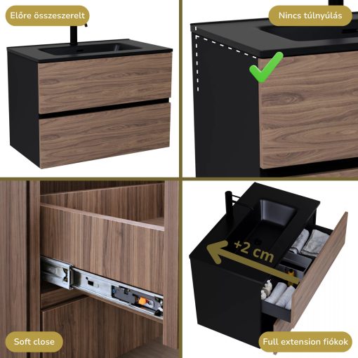 HD Aria Black-Oak 60 komplett fürdőszoba bútor fali mosdószekrénnyel, matt fekete slim mosdóval és tükörrel