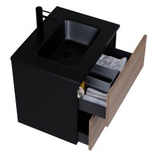 HD Aria Pro Black-Oak 60 komplett fürdőszoba bútor szett fali push-to-open mosdószekrénnyel, matt fekete slim mosdóval, tükörrel és magasszekrénnyel