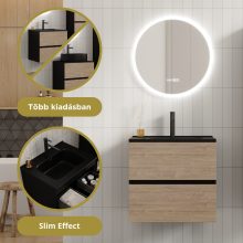 HD Aria Pro Black-Oak 60 komplett fürdőszoba bútor szett fali push-to-open mosdószekrénnyel, matt fekete slim mosdóval, tükörrel és magasszekrénnyel