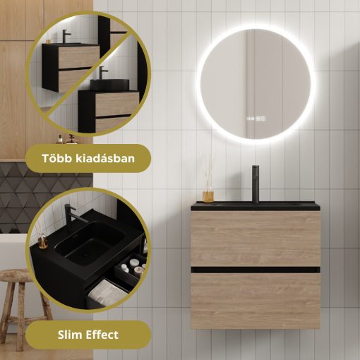 HD Aria Pro Black-Oak 60 komplett fürdőszoba bútor szett fali push-to-open mosdószekrénnyel, matt fekete slim mosdóval, tükörrel és magasszekrénnyel