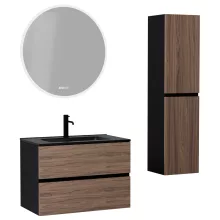 HD Aria Black-Oak 60 komplett fürdőszoba bútor szett fali mosdószekrénnyel, matt fekete slim mosdóval, tükörrel és magasszekrénnyel