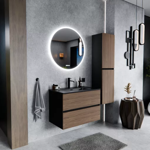 HD Aria Black-Oak 60 komplett fürdőszoba bútor szett fali mosdószekrénnyel, matt fekete slim mosdóval, tükörrel és magasszekrénnyel