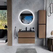 HD Aria Black-Oak 60 komplett fürdőszoba bútor szett fali mosdószekrénnyel, matt fekete slim mosdóval, tükörrel és magasszekrénnyel