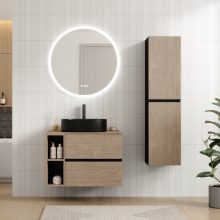 HD Zyra Pro+ Black-Oak 80 fali mosdószekrény, push-to-open mechanizmussal, oak mosdópulttal és kiegészítő oak fali modullal