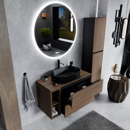 HD Zyra+ Black-Oak 80 fali mosdószekrény oak mosdópulttal és kiegészítő oak fali modullal