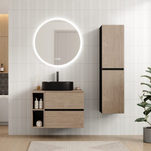 HD Zyra+ Black-Oak 80 fali mosdószekrény oak mosdópulttal és kiegészítő oak fali modullal