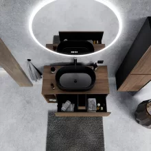 HD Zyra+ Black-Oak 80 fali mosdószekrény oak mosdópulttal és kiegészítő oak fali modullal