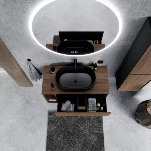HD Zyra+ Black-Oak 80 fali mosdószekrény oak mosdópulttal és kiegészítő oak fali modullal