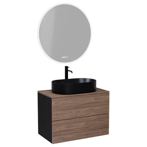 HD Zyra Pro Black-Oak 60 komplett fürdőszoba bútor fali push-to-open mosdószekrénnyel, oak mosdópulttal és tükörrel