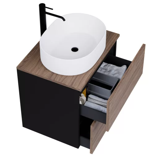 HD Zyra Pro Black-Oak 60 komplett fürdőszoba bútor fali push-to-open mosdószekrénnyel, oak mosdópulttal és tükörrel